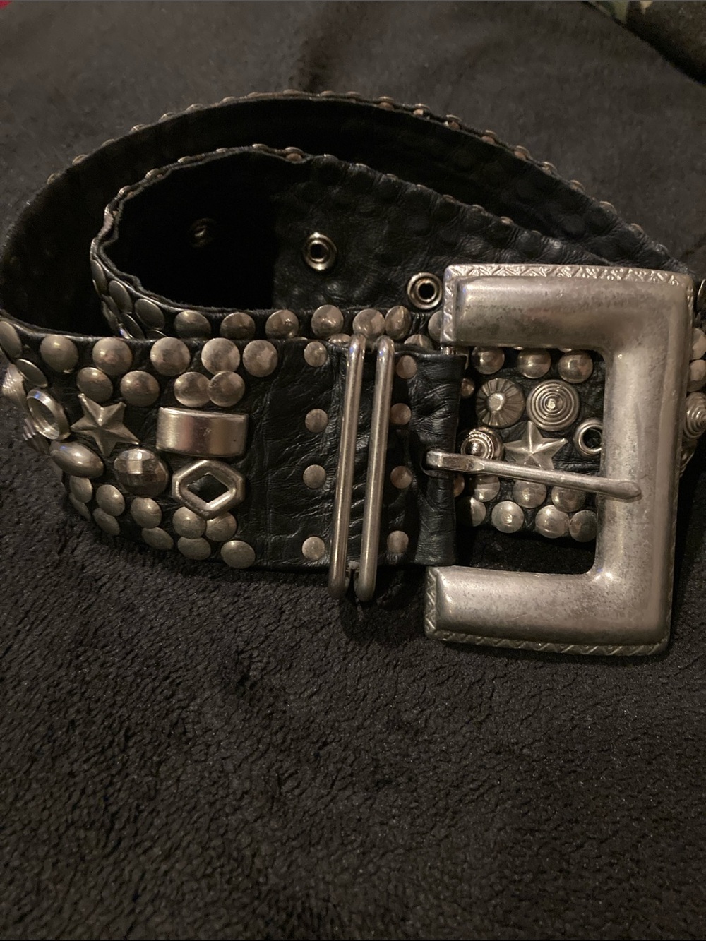 Vintage Black Leather Studded Belt with Silver-Tone Buckle